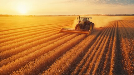 Fototapeta premium Golden Wheat Field at Sunset with Tractor Harvesting Crops in Rural Countryside