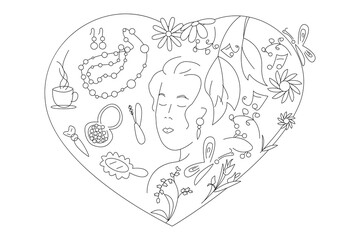 Heart-shaped female illustration for coloring