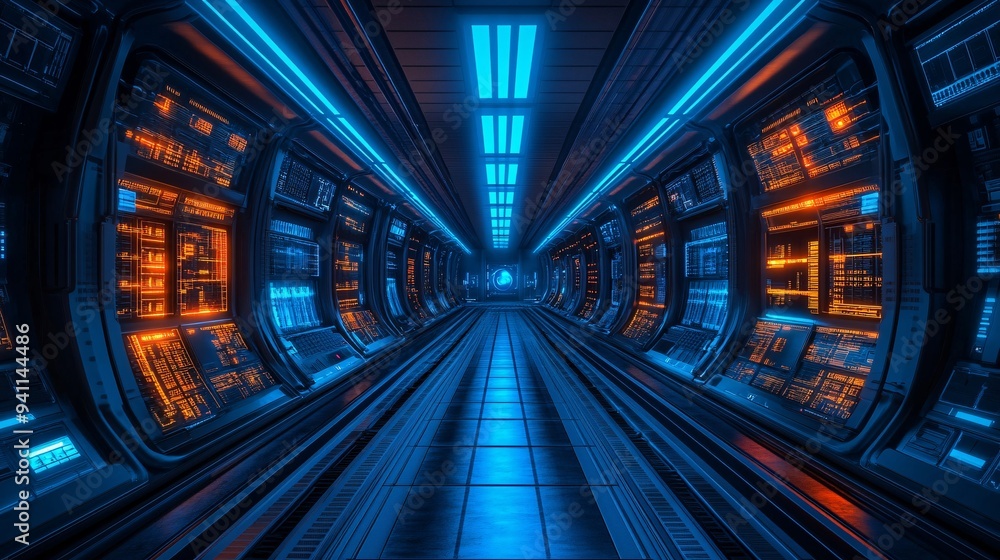 Poster A futuristic office where AI algorithms manage and streamline business processes for maximum efficiency Stock Photo with copy space