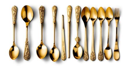 golden spoons collection isolated on transparent background