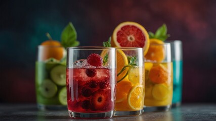 Top view of vibrant fruit drinks in glasses on colorful backgrounds.