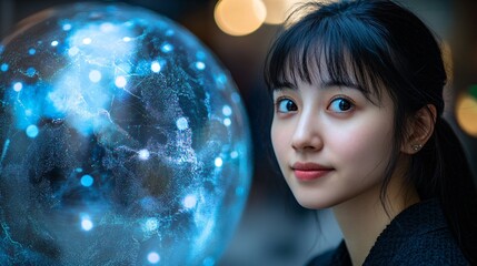 Naklejka premium A research scientist using AI tools to model and predict environmental changes on a global scale Stock Photo with copy space