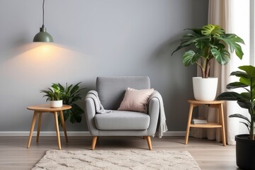 Grey Armchair with Pink Pillow in a Modern Living Room