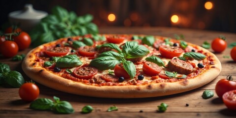delicious pizza with sausage tomatoes and basil on a wooden table.