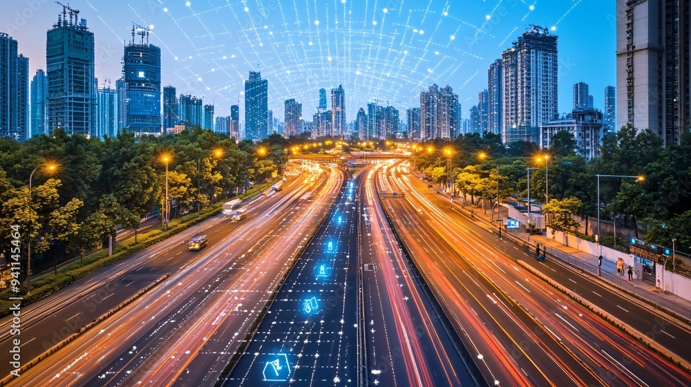 Poster a high-tech urban landscape where ai-driven systems manage everything from traffic to energy consump