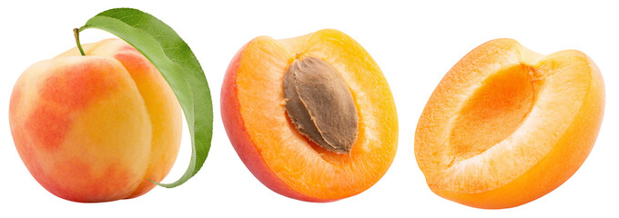 set of apricot and peach slices isolated on a white background. Clipping path