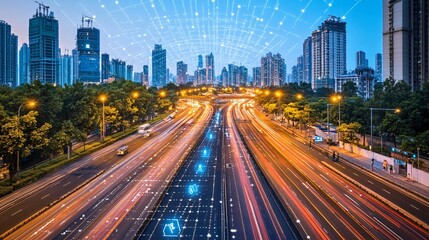 Obraz premium A high-tech urban landscape where AI-driven systems manage everything from traffic to energy consumption Stock Photo with copy space