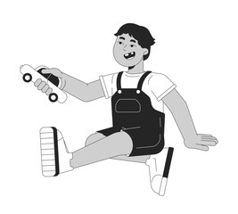 Positive little boy with toy car black and white 2D line cartoon character. Smiling toddler kid having fun on floor isolated vector outline person. Kindergarten monochromatic flat spot illustration