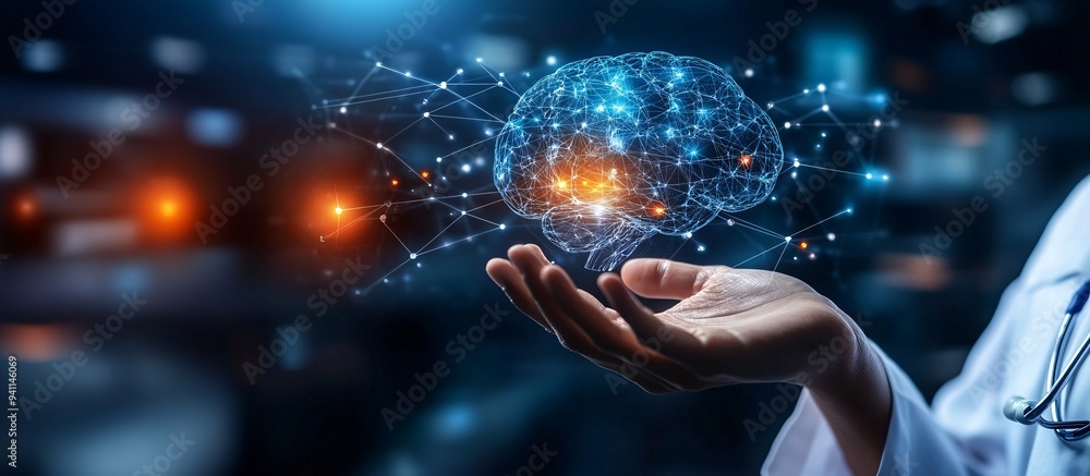 Poster a medical professional using ai-powered tools to enhance patient care and improve outcomes stock pho