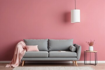 Fototapeta premium Grey Sofa with Pink Throw Blanket and Pink Wall in a Living Room