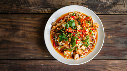 Chicken and peanut asian salad served on a rustic wooden table on a white plate