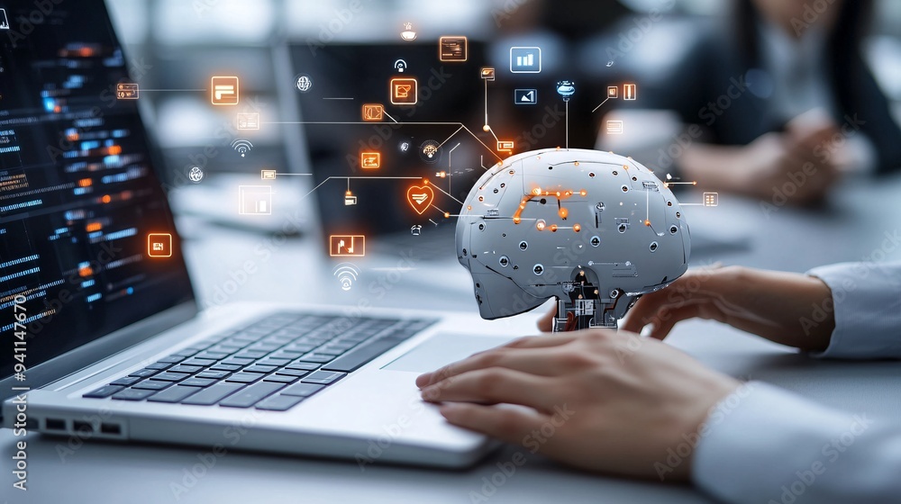 Aufkleber A tech startup team using AI-driven collaboration tools to develop innovative solutions in a modern workspace Stock Photo with copy space