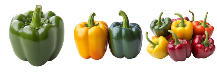 Fresh colorful bell peppers with green, yellow, red, and orange varieties isolated on a transparent background for use in healthy food preparation, vegan recipes, and organic meals