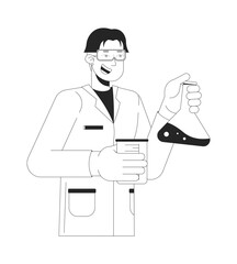 Male scientist holding flasks in lab black and white 2D line cartoon character. Chemistry teacher at lesson isolated vector outline person. School personnel monochromatic flat spot illustration