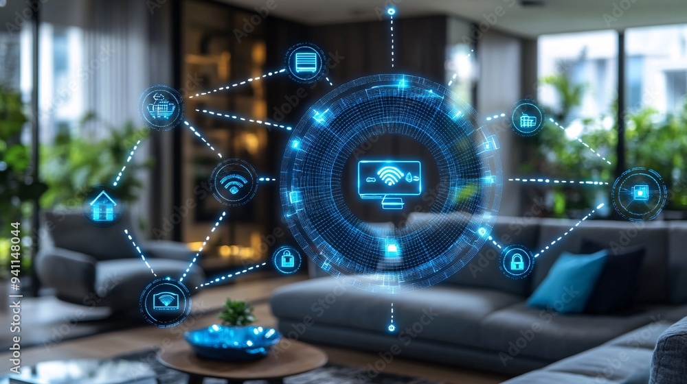 Fototapete A smart home where AI controls every aspect from lighting to security ensuring maximum comfort and efficiency Stock Photo with copy space