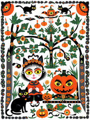  Halloween Illustration Set: Black Cats, Pumpkins, Bats, Ghosts, and Traditional Attire