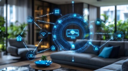 A smart home where AI controls every aspect from lighting to security ensuring maximum comfort and efficiency Stock Photo with copy space