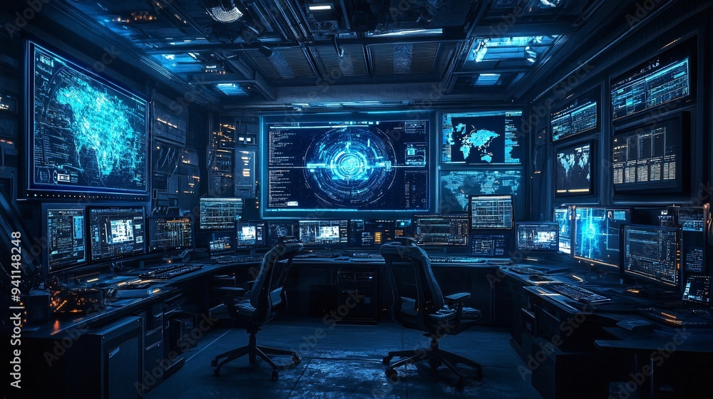 Poster A futuristic research lab where AI-driven systems assist scientists in groundbreaking discoveries Stock Photo with copy space