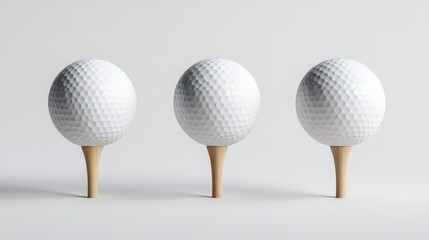 Three golf balls on tees, aligned in a row, against a plain white background.