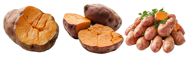 Fresh sweet potatoes with vibrant orange flesh isolated on transparent background, ideal for healthy recipes, cooking ingredients, and showcasing natural food textures