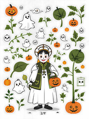  Halloween Illustration Set: Black Cats, Pumpkins, Bats, Ghosts, and Traditional Attire