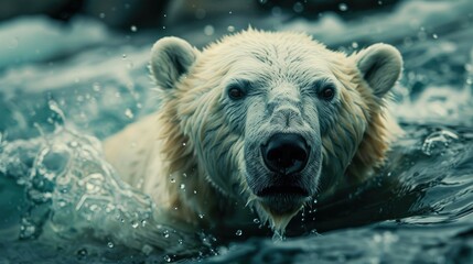 Polar Bear Emerging From Water With Splashing Drops