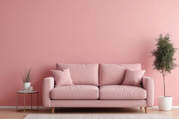 Pink Sofa in a Modern Living Room with a Pink Wall