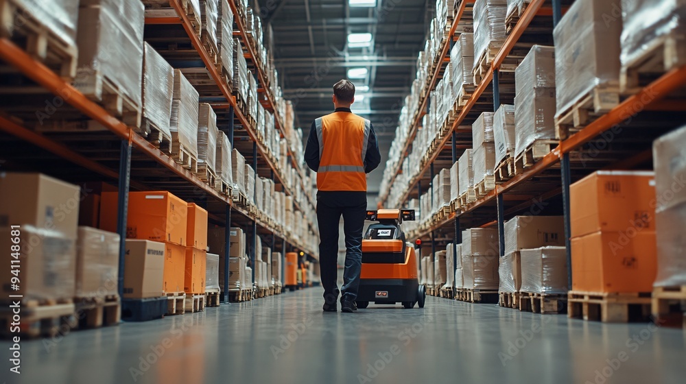Aufkleber A logistics manager in a warehouse tracking shipments with AI software as autonomous robots move packages in the background Stock Photo with copy space