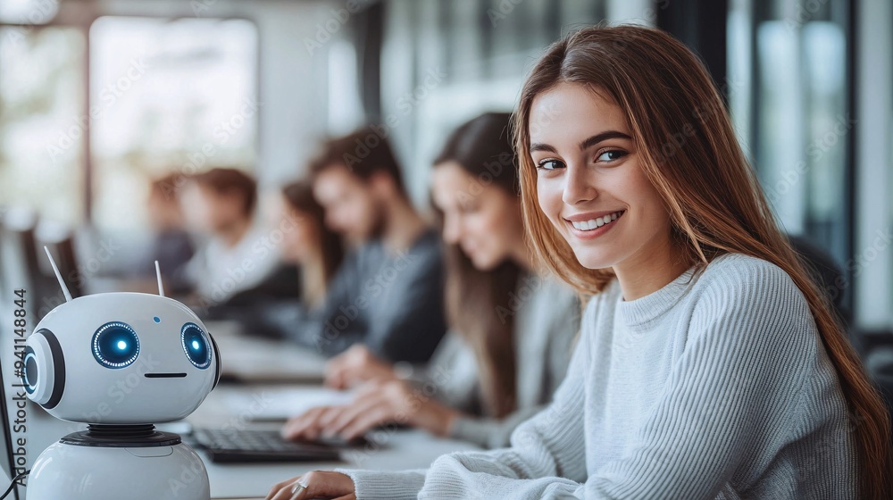 Poster A classroom setting where students are learning with the aid of an AI-powered educational tool demonstrating the future of AI in education Stock Photo with copy space