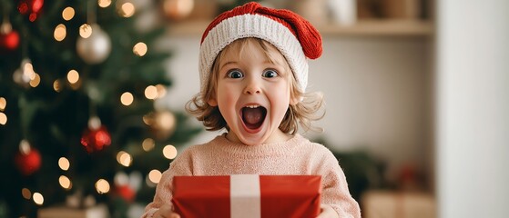 A closeup of a child s excited face as they open a Christmas gift, with a warmly lit tree in the background christmas background family warmth concept.