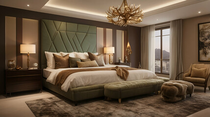 Interior image in 4K resolutions .Opulent Bedroom with Warm Lighting and Cozy Atmosphere