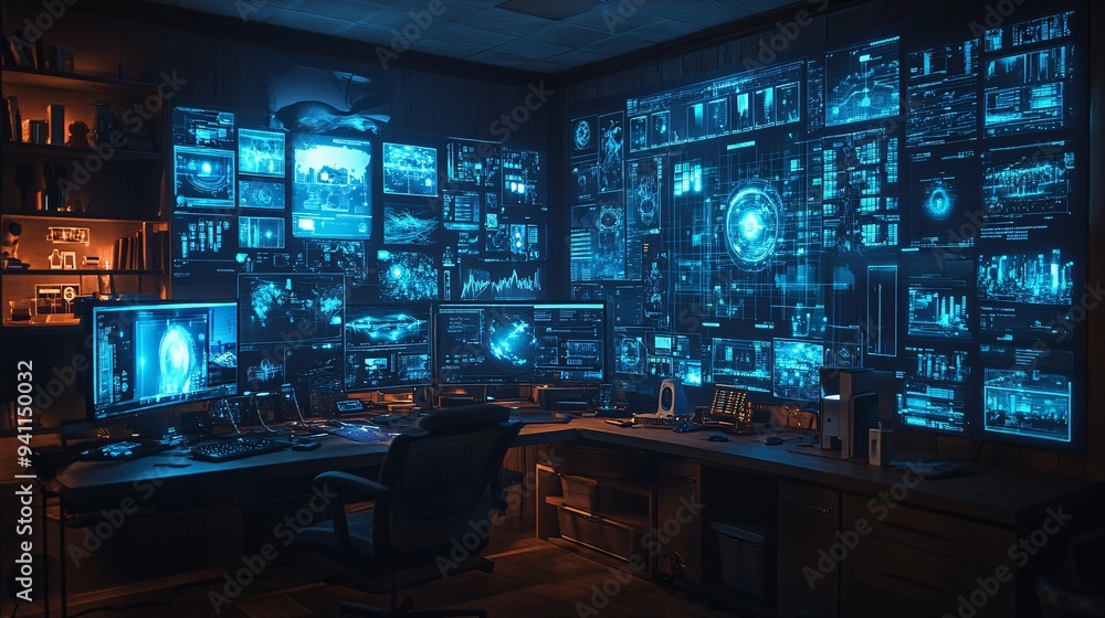Poster A high-tech workspace with holographic AI interfaces allowing professionals to manipulate data in a 3D environment Stock Photo with copy space