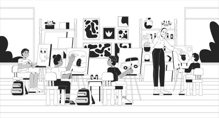 Middle school art class black and white line illustration. Art teacher giving advice to kid about drawing 2D characters monochrome background. Schoolkids painting canvas easel outline vector image