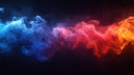 dynamic clash of blue and red smoke tendrils against pitchblack background creating illusion of opposing forces in motion