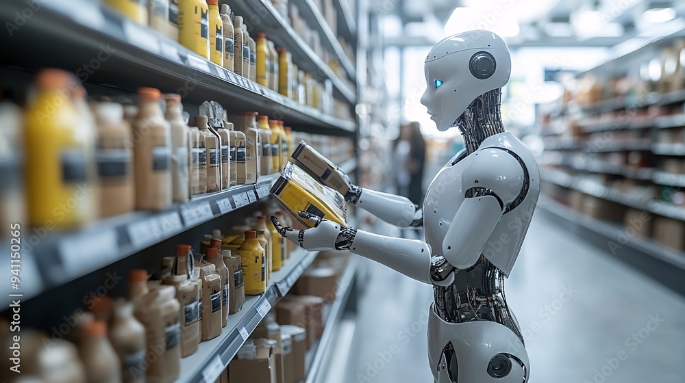 Poster A retail store managed by AI-driven systems where inventory is automatically tracked and customers are greeted by AI assistants Stock Photo with copy space