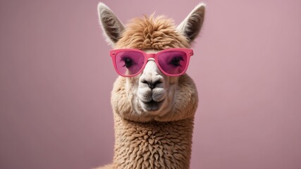 Obraz premium Alpaca with Pink Sunglasses Chewing Bubblegum.