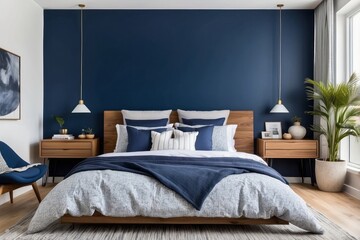 Modern Bedroom with Navy Blue Walls and White Bedding