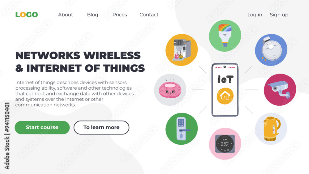 Aufkleber web page design template with smart home, internet of things concept. cartoon vector illustration co