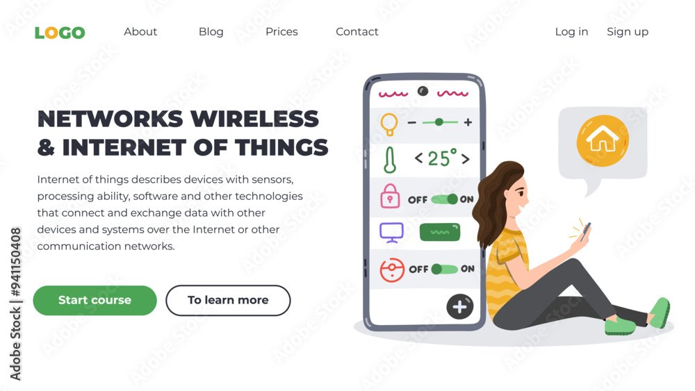 Aufkleber web page design template with woman sitting leaning on big phone and control smart devices via phone