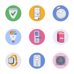 Set of cute round highlights with smart home devices and Internet of Things cartoon clipart. Cover for different social media, blogs, business, branding. Icon pack for stories with remote technology.