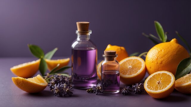 Aromatic essential oils and citrus fruits on a purple background.