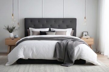 Gray tufted headboard bedroom with white bedding and throw blanket