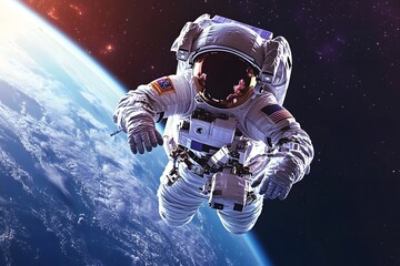 Young snowboarder jumping on snowy mountain, mimicking astronaut on moon, enjoying extreme winter sport under vast sky