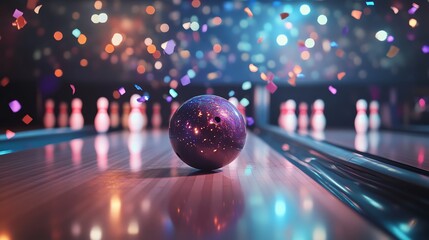 A bowling ball sits on the lane with pins in the background, and confetti falls from the ceiling in celebration.
