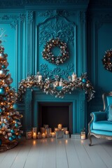 Christmas interior. Elegant Christmas tree and fireplace decor. Holiday season interior design.