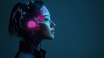 Fototapeta premium Futuristic profile of a woman with cybernetic enhancements and neon lights, representing advanced technology and innovation.