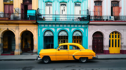 Fototapeta premium Old Yellow Car Parked Front Building