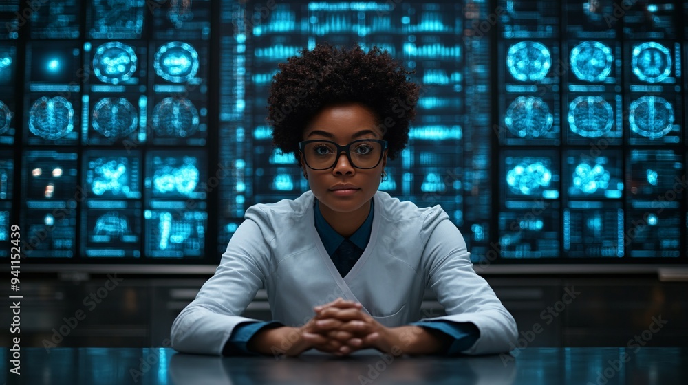 Poster A healthcare professional analyzing patient data with the help of AI software predicting outcomes and suggesting treatments Stock Photo with copy space