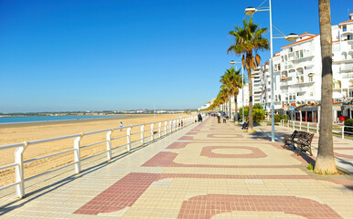 Valdelagrana promenade and beach in El Puerto de Santa Maria, Cadiz province, Andalusia, southern Spain. Beaches of El Puerto, Costa de la Luz Cadiz.