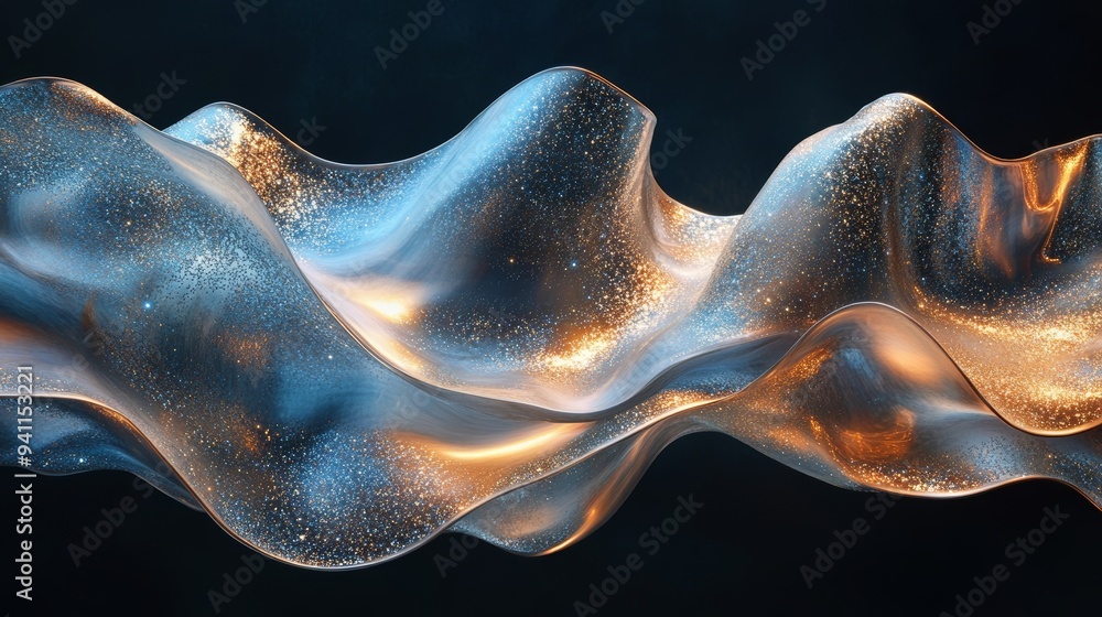 Poster metallic abstract flowing fabric with orange and blue reflections, creating a dynamic and futuristic